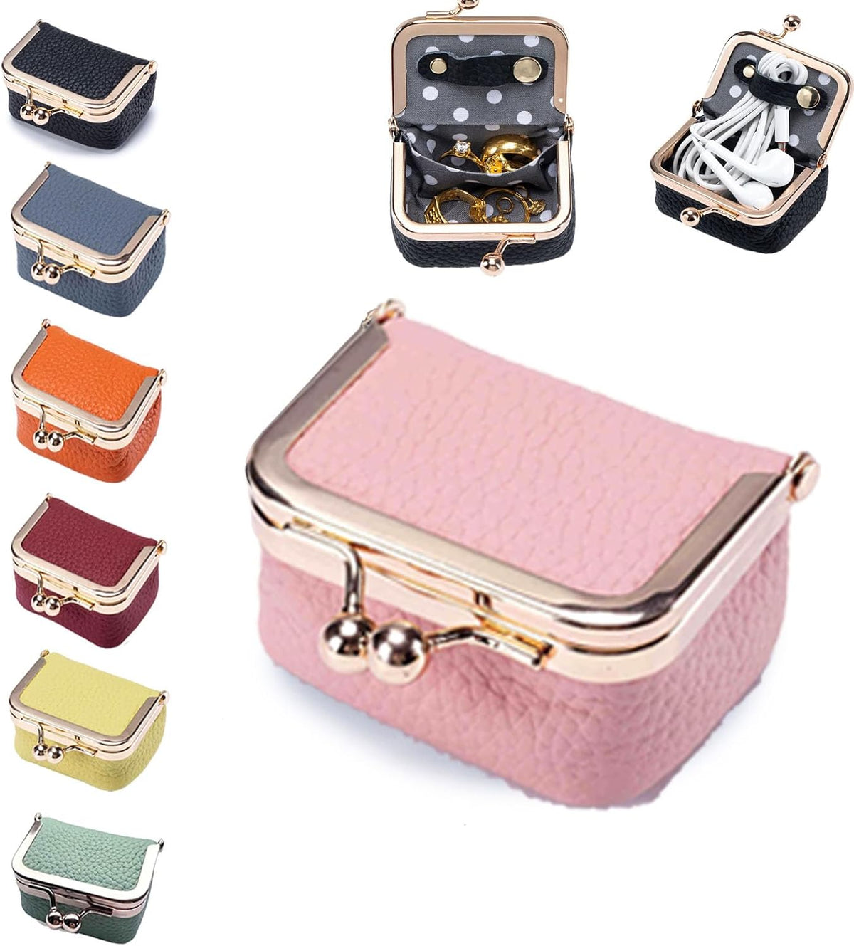 Genuine Leather Jewelry Travel Case Mini Portable Organizer with Kiss Lock & Anti-Tip Design, Stable Small Jewelry Box for Earrings, Rings, Coin Purse for Travel (2.55x1.77 Inch, Blue)