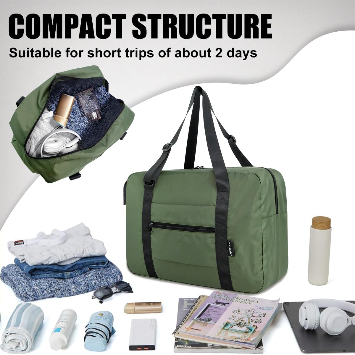 Foldable Travel Duffle Bag, Airlines Approved Carry On Bag Weekender Overnight Bag for Men Women, 40L (Black)