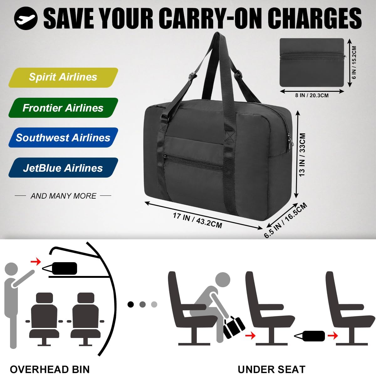 Foldable Travel Duffle Bag, Airlines Approved Carry On Bag Weekender Overnight Bag for Men Women, 40L (Black)