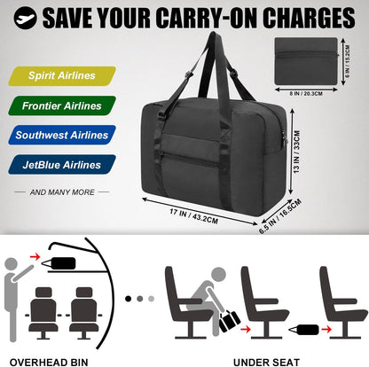Foldable Travel Duffle Bag, Airlines Approved Carry On Bag Weekender Overnight Bag for Men Women, 40L (Black)