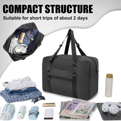Foldable Travel Duffle Bag, Airlines Approved Carry On Bag Weekender Overnight Bag for Men Women, 40L (Black)