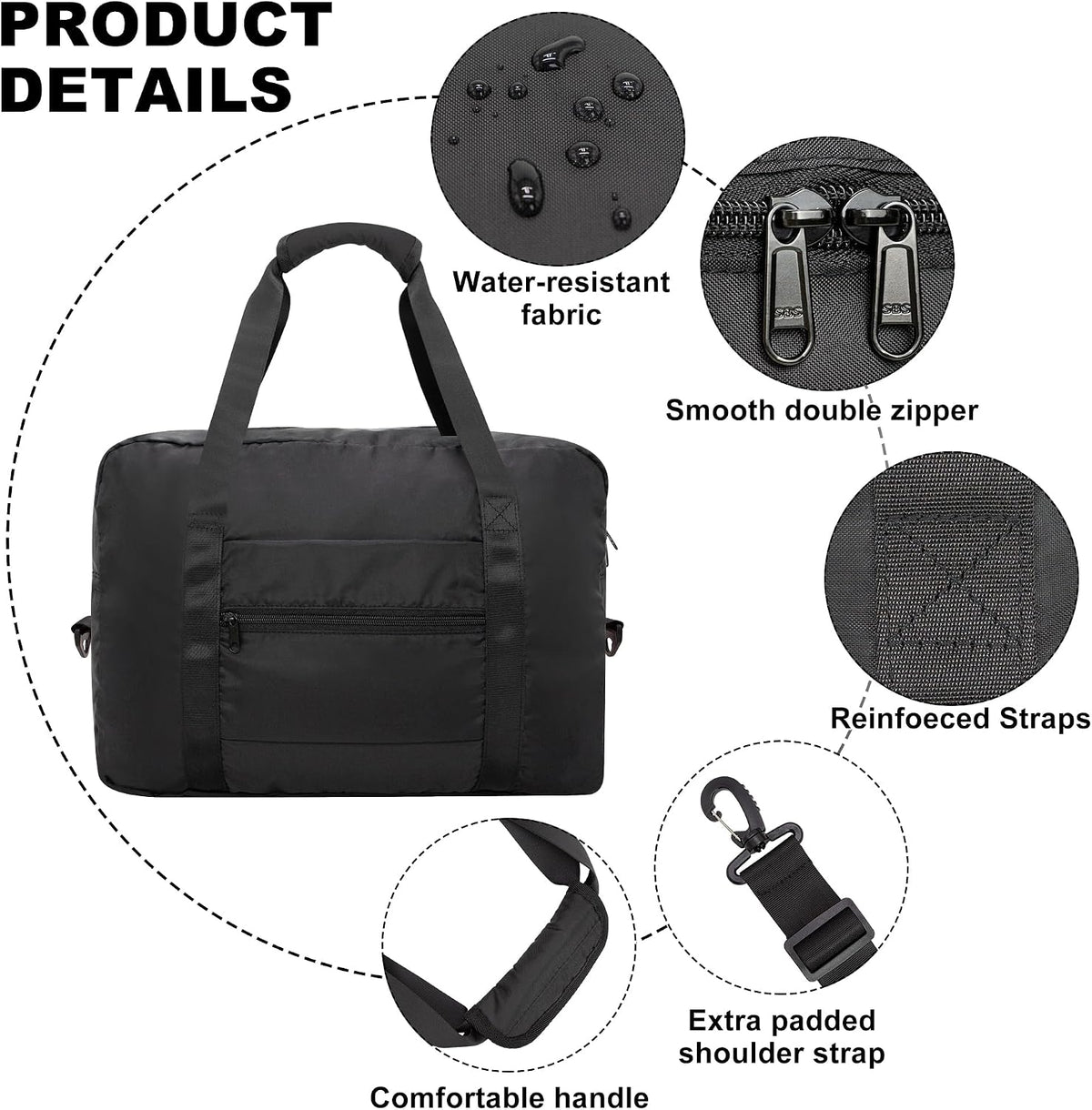 Foldable Travel Duffle Bag, Airlines Approved Carry On Bag Weekender Overnight Bag for Men Women, 40L (Black)