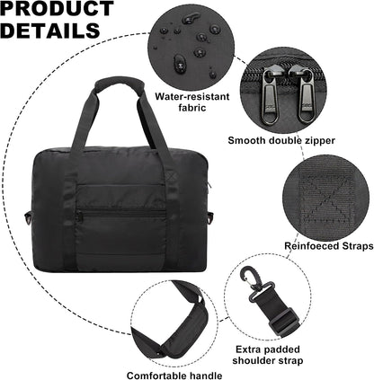 Foldable Travel Duffle Bag, Airlines Approved Carry On Bag Weekender Overnight Bag for Men Women, 40L (Black)