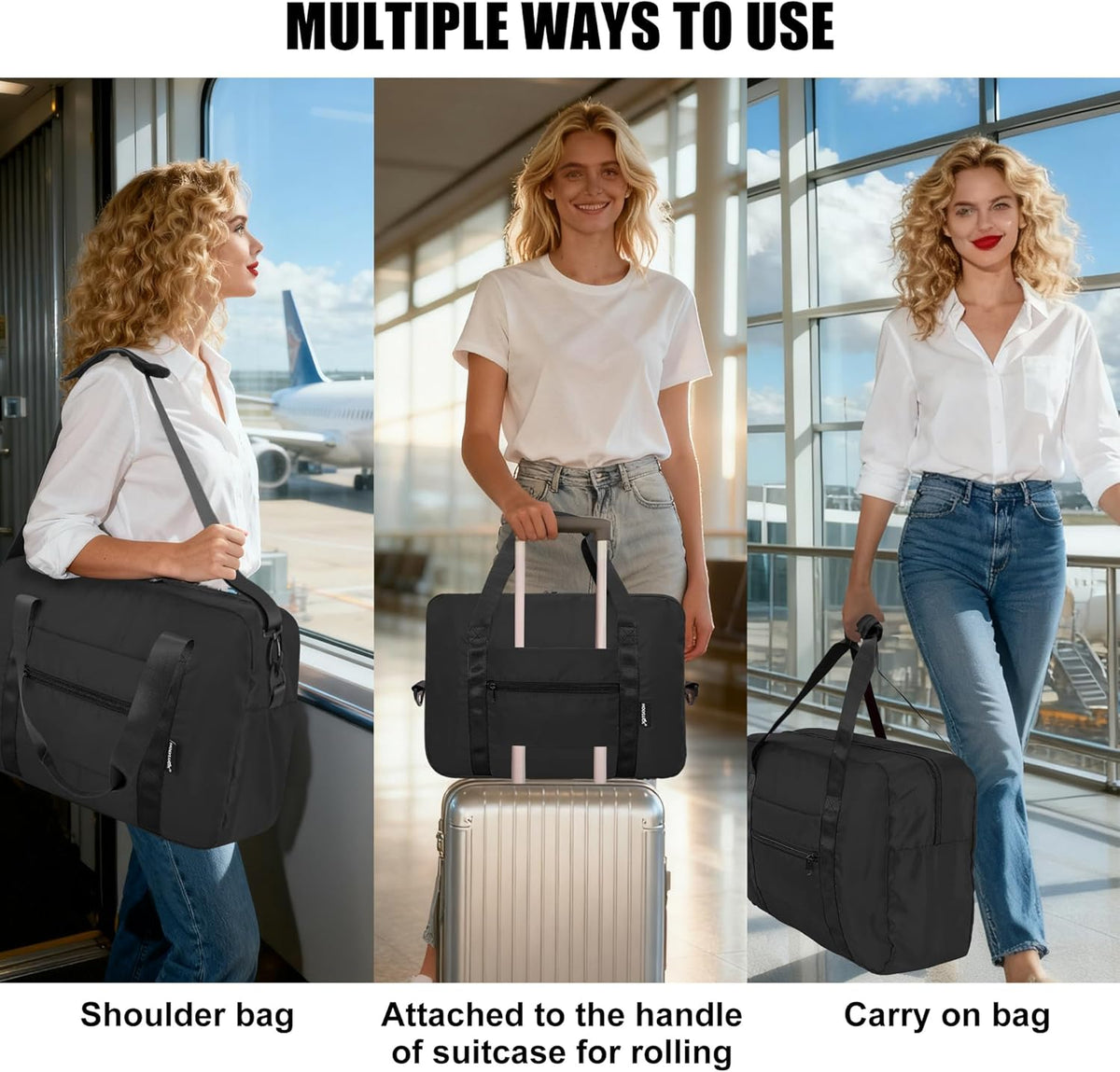 Foldable Travel Duffle Bag, Airlines Approved Carry On Bag Weekender Overnight Bag for Men Women, 40L (Black)