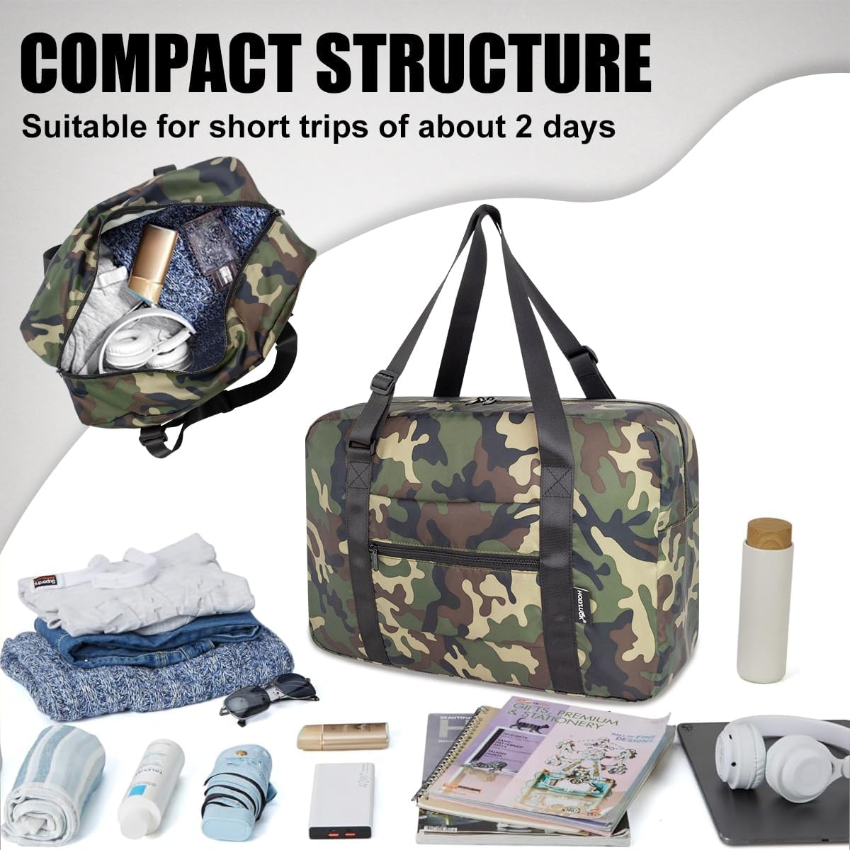 Foldable Travel Duffle Bag, Airlines Approved Carry On Bag Weekender Overnight Bag for Men Women, 40L (Black)
