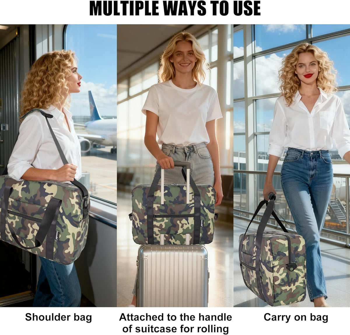 Foldable Travel Duffle Bag, Airlines Approved Carry On Bag Weekender Overnight Bag for Men Women, 40L (Black)