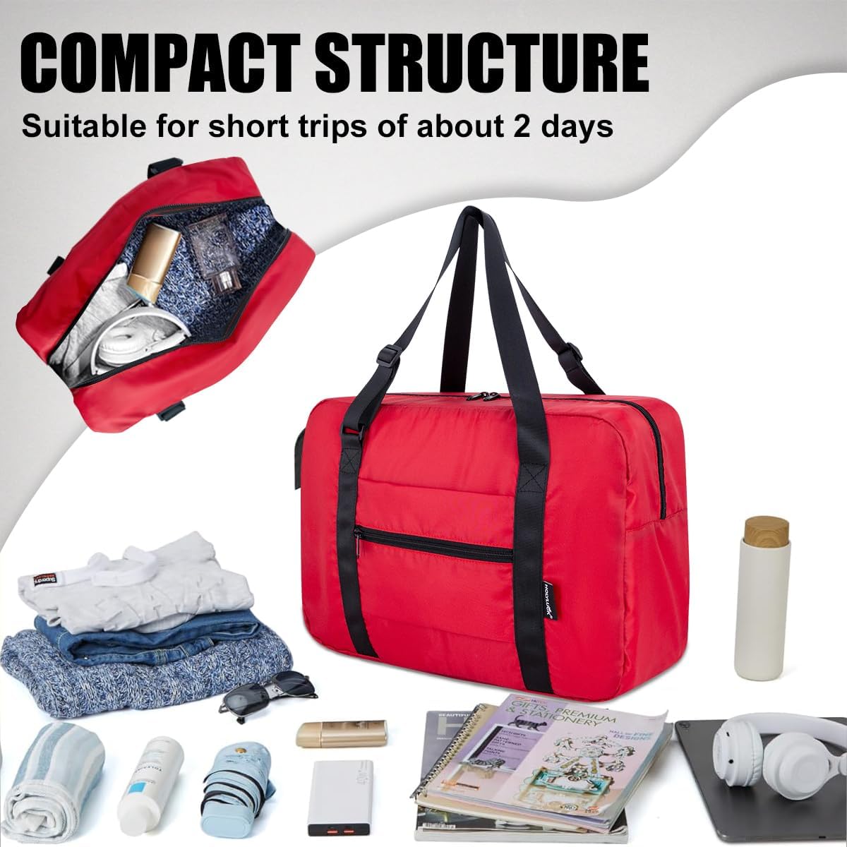 Foldable Travel Duffle Bag, Airlines Approved Carry On Bag Weekender Overnight Bag for Men Women, 40L (Black)