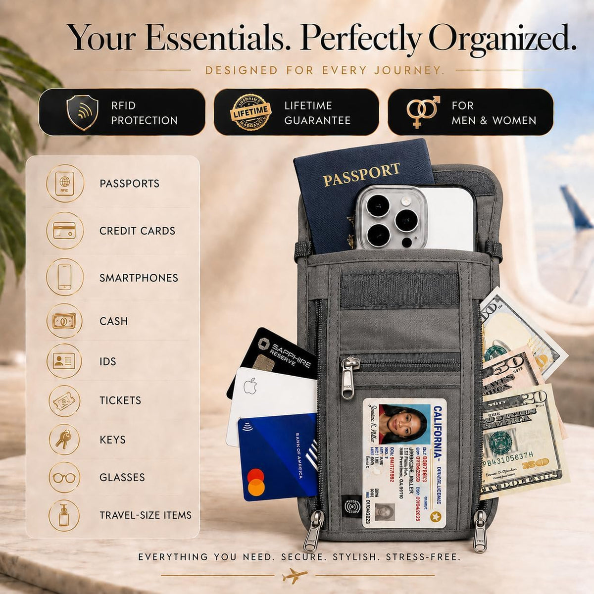 Voyager Neck Wallet RFID Blocking Passport Holder, Light 5-Compartment Hidden Travel Pouch with Adjustable Strap, Water Resistant Wallet for Cash, Cards & ID (Light Gray, Max (8.8"x 6.5")