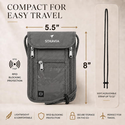 Voyager Neck Wallet RFID Blocking Passport Holder, Light 5-Compartment Hidden Travel Pouch with Adjustable Strap, Water Resistant Wallet for Cash, Cards & ID (Light Gray, Max (8.8"x 6.5")