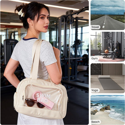 Waterproof Gym Bag with Shoes Compartment, Large Capacity Beach Travel Tote, Cream White, Wet Dry Separation Storage Bag for Women Men14.57 * 5 * 71 * 9.45inch