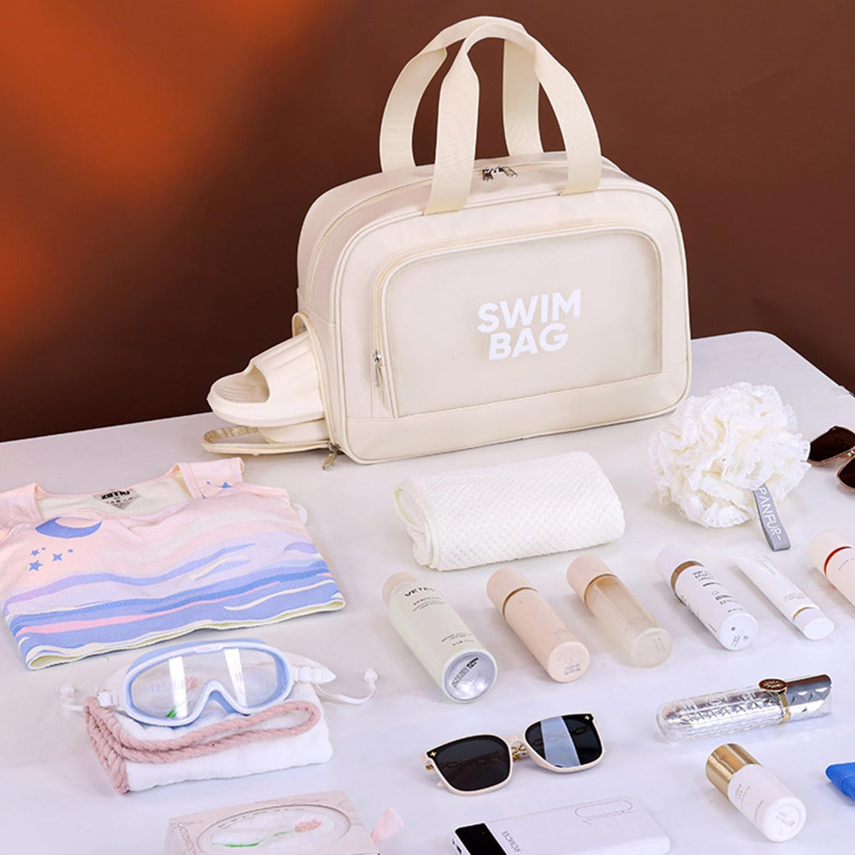 Waterproof Gym Bag with Shoes Compartment, Large Capacity Beach Travel Tote, Cream White, Wet Dry Separation Storage Bag for Women Men14.57 * 5 * 71 * 9.45inch