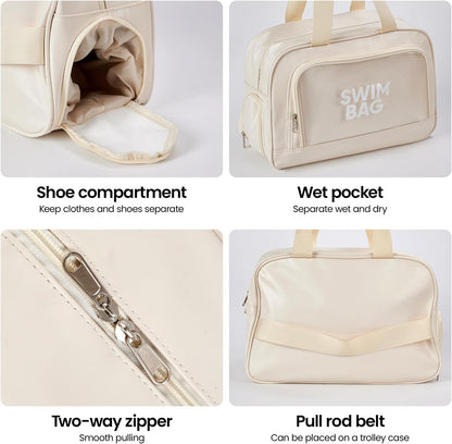 Waterproof Gym Bag with Shoes Compartment, Large Capacity Beach Travel Tote, Cream White, Wet Dry Separation Storage Bag for Women Men14.57 * 5 * 71 * 9.45inch