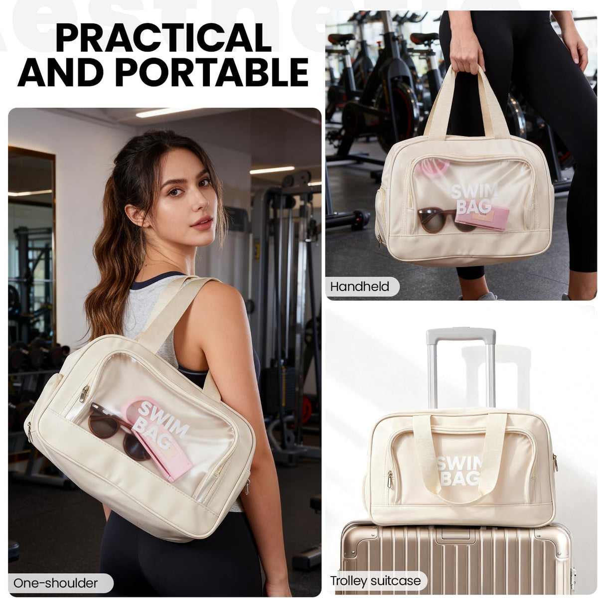 Waterproof Gym Bag with Shoes Compartment, Large Capacity Beach Travel Tote, Cream White, Wet Dry Separation Storage Bag for Women Men14.57 * 5 * 71 * 9.45inch