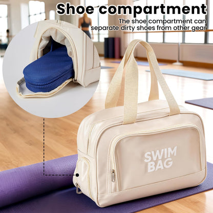 Waterproof Gym Bag with Shoes Compartment, Large Capacity Beach Travel Tote, Cream White, Wet Dry Separation Storage Bag for Women Men14.57 * 5 * 71 * 9.45inch