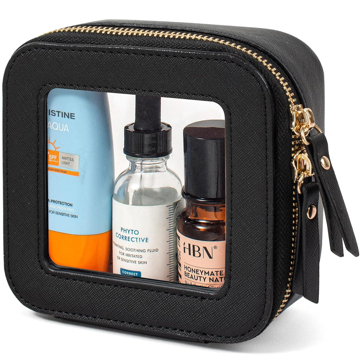 Clear Makeup Bags, TSA Approved Toiletry Bag with Zipper, Clear Makeup Organizer Fit Carry-on Travel Essentials,Car Essentials for Women Men (C-Black)