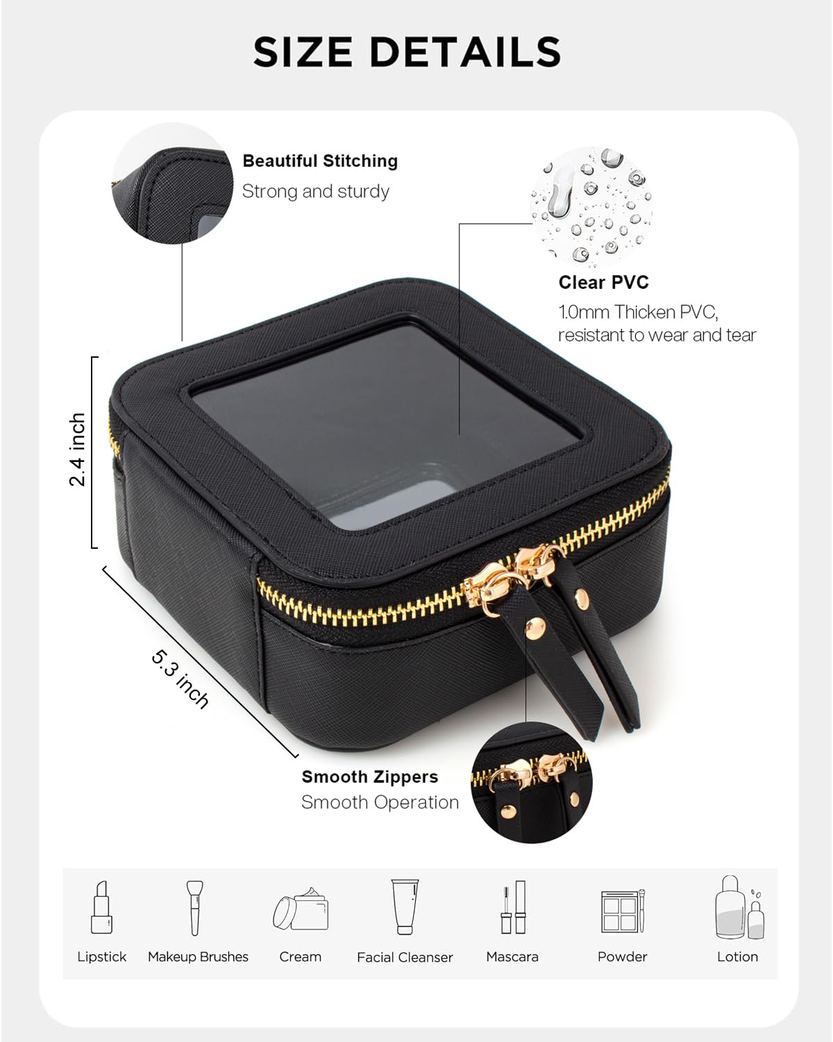 Clear Makeup Bags, TSA Approved Toiletry Bag with Zipper, Clear Makeup Organizer Fit Carry-on Travel Essentials,Car Essentials for Women Men (C-Black)