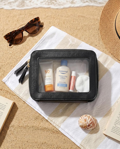 Clear Makeup Bags, TSA Approved Toiletry Bag with Zipper, Clear Makeup Organizer Fit Carry-on Travel Essentials,Car Essentials for Women Men (C-Black)