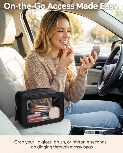Clear Makeup Bags, TSA Approved Toiletry Bag with Zipper, Clear Makeup Organizer Fit Carry-on Travel Essentials,Car Essentials for Women Men (C-Black)