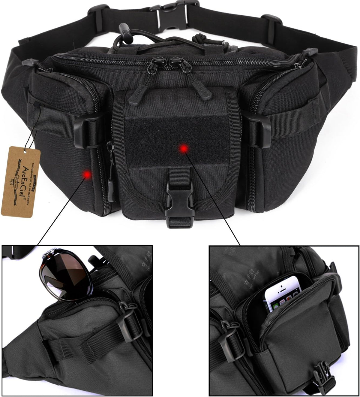 Tactical Fanny Pack for Men Women Waist Bag Hip Belt Outdoor Hiking Fishing Bumbag with Patch（White)