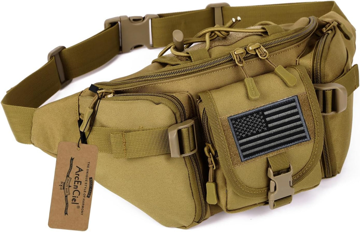 Tactical Fanny Pack for Men Women Waist Bag Hip Belt Outdoor Hiking Fishing Bumbag with Patch（White)