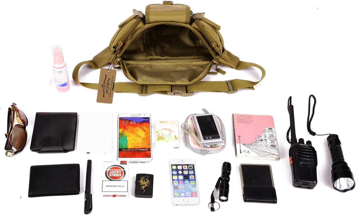 Tactical Fanny Pack for Men Women Waist Bag Hip Belt Outdoor Hiking Fishing Bumbag with Patch（White)
