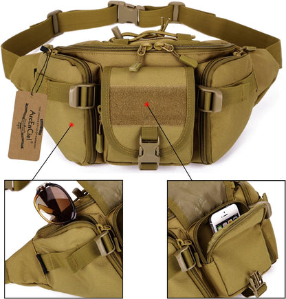 Tactical Fanny Pack for Men Women Waist Bag Hip Belt Outdoor Hiking Fishing Bumbag with Patch（White)