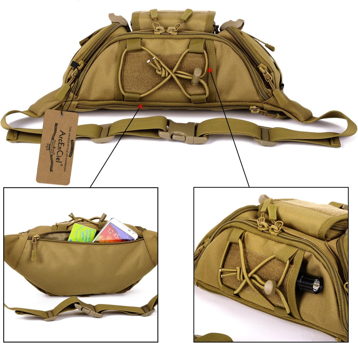 Tactical Fanny Pack for Men Women Waist Bag Hip Belt Outdoor Hiking Fishing Bumbag with Patch（White)