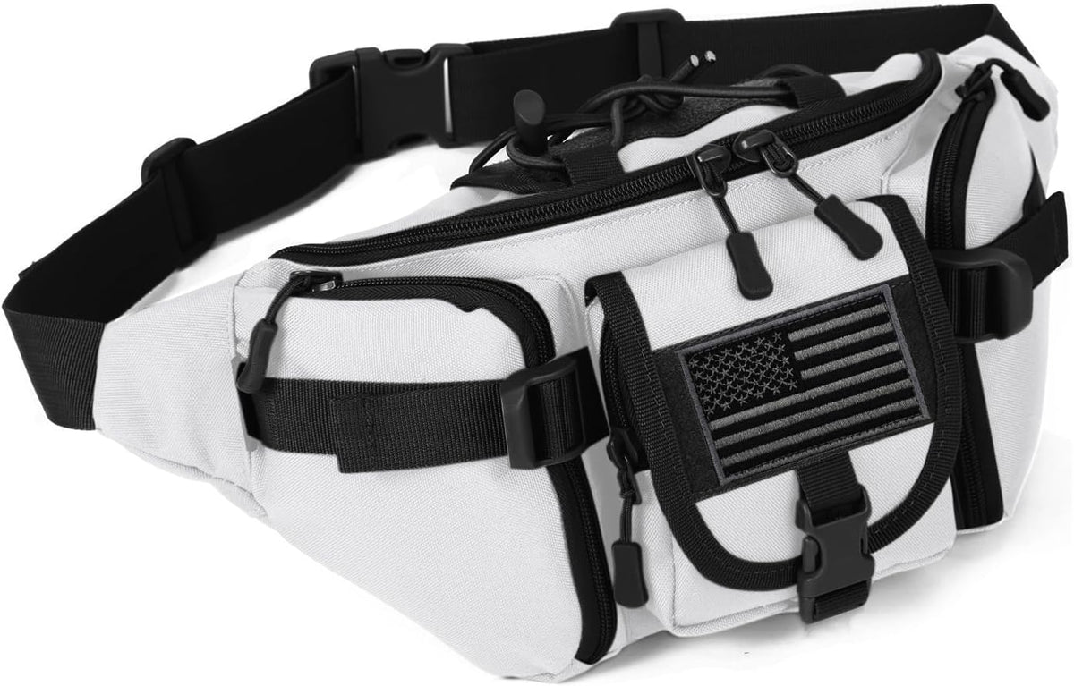 Tactical Fanny Pack for Men Women Waist Bag Hip Belt Outdoor Hiking Fishing Bumbag with Patch（White)