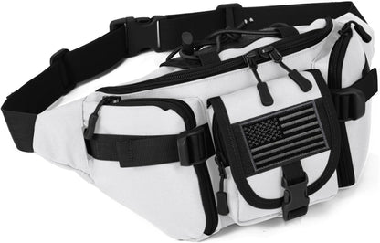 Tactical Fanny Pack for Men Women Waist Bag Hip Belt Outdoor Hiking Fishing Bumbag with Patch（White)