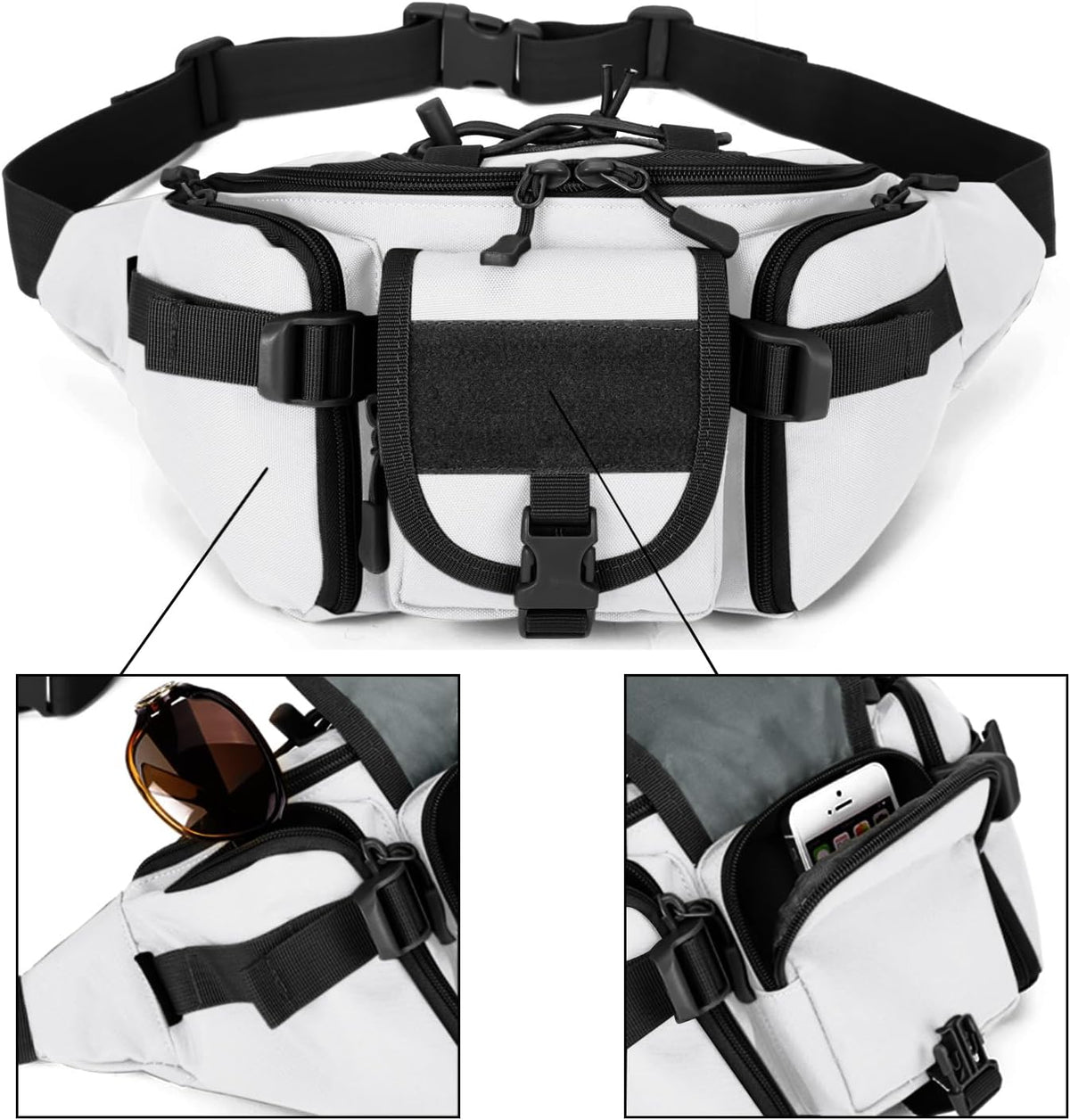 Tactical Fanny Pack for Men Women Waist Bag Hip Belt Outdoor Hiking Fishing Bumbag with Patch（White)