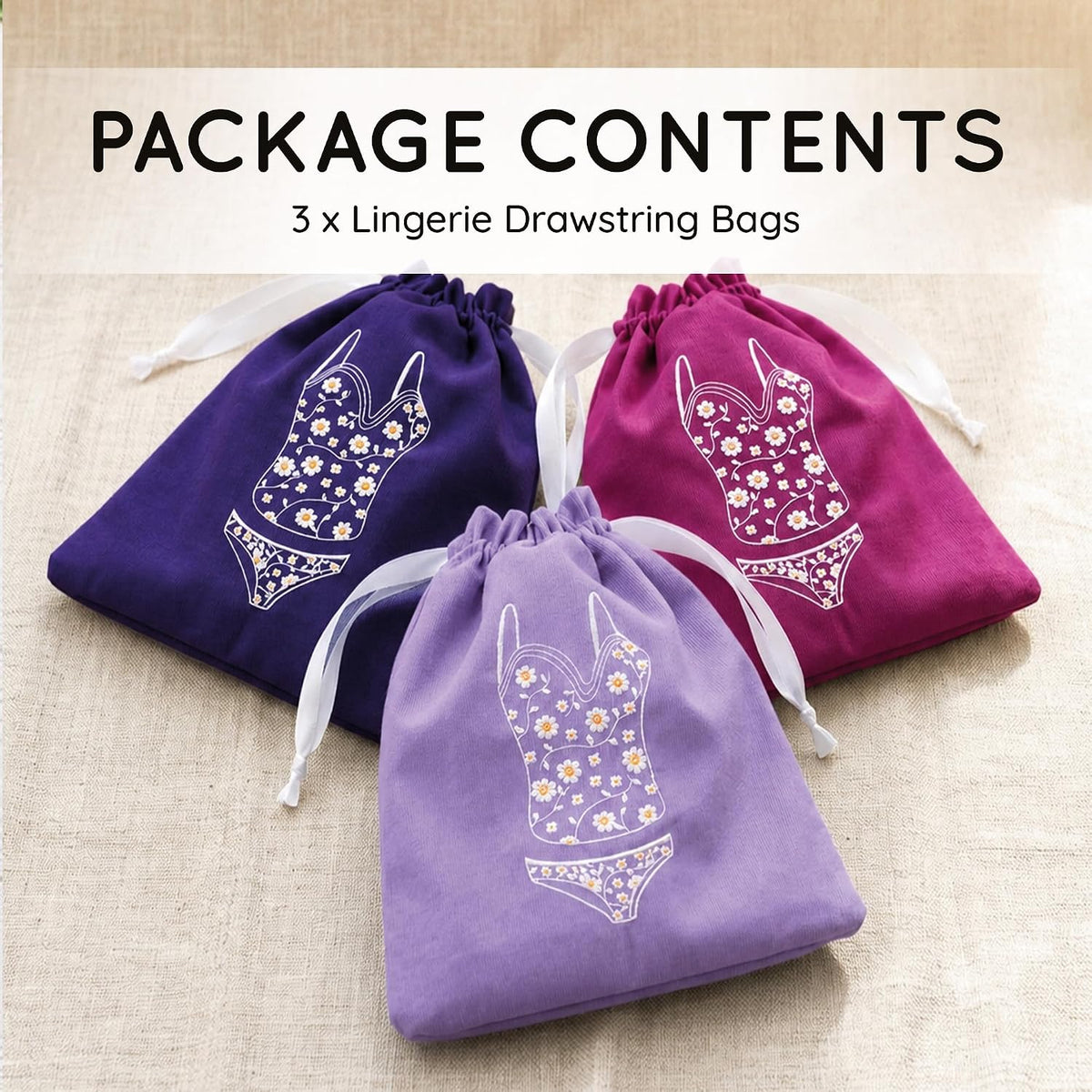 Lingerie Bag for Travel Set of 3, Women Lingerie Bags with Draw Strings, Double-Layered Egyptian Cotton Beach Bags for Swimwear, Underwear & Vacation Storage, 15x15 Inches (White)