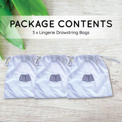 Lingerie Bag for Travel Set of 3, Women Lingerie Bags with Draw Strings, Double-Layered Egyptian Cotton Beach Bags for Swimwear, Underwear & Vacation Storage, 15x15 Inches (White)