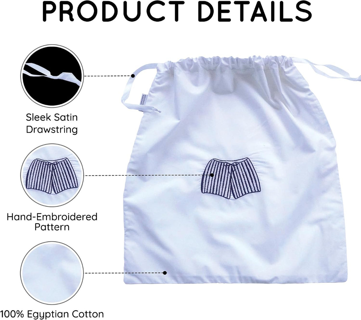 Lingerie Bag for Travel Set of 3, Women Lingerie Bags with Draw Strings, Double-Layered Egyptian Cotton Beach Bags for Swimwear, Underwear & Vacation Storage, 15x15 Inches (White)