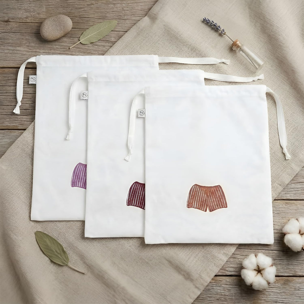 Lingerie Bag for Travel Set of 3, Women Lingerie Bags with Draw Strings, Double-Layered Egyptian Cotton Beach Bags for Swimwear, Underwear & Vacation Storage, 15x15 Inches (White)