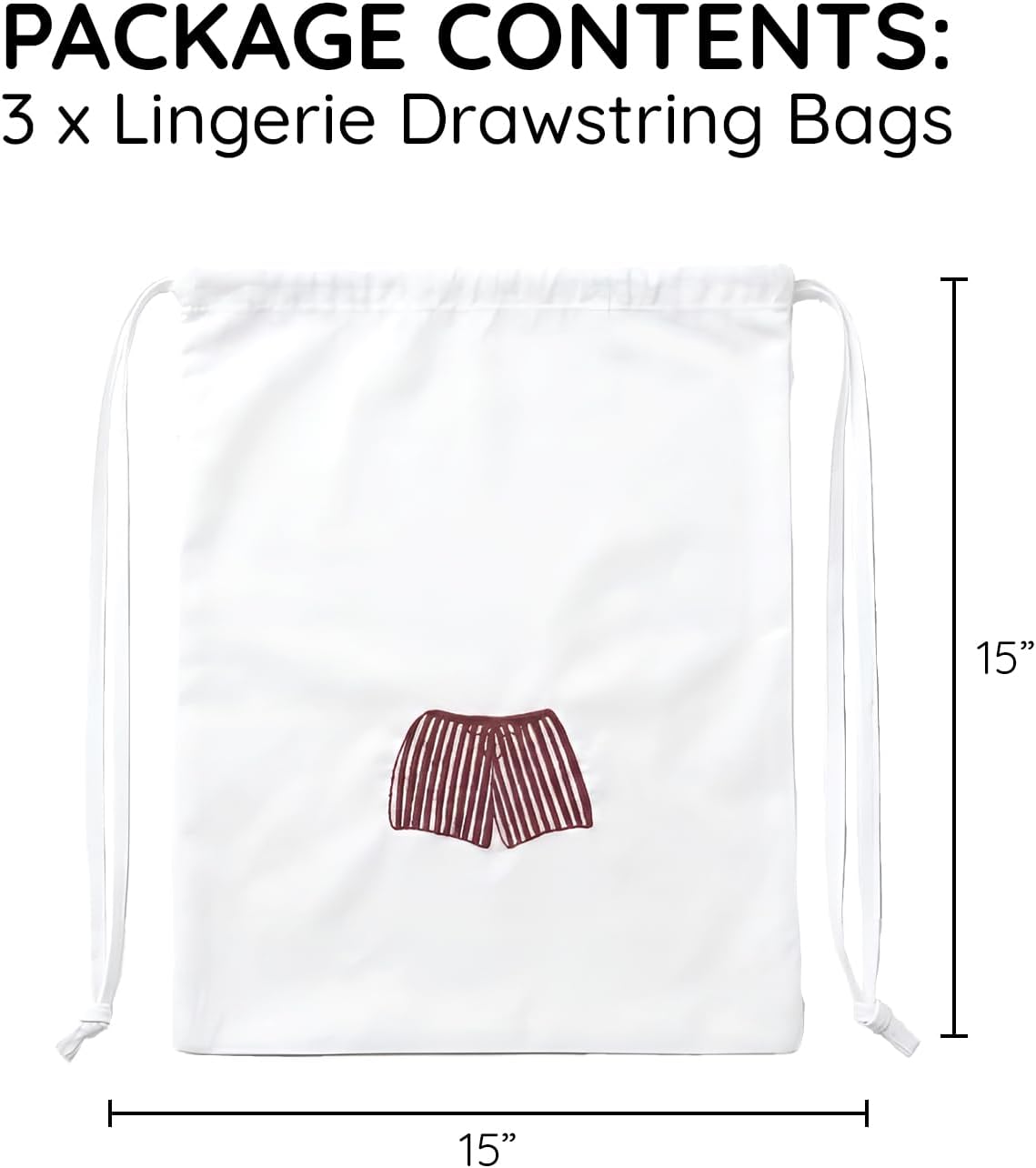 Lingerie Bag for Travel Set of 3, Women Lingerie Bags with Draw Strings, Double-Layered Egyptian Cotton Beach Bags for Swimwear, Underwear & Vacation Storage, 15x15 Inches (White)