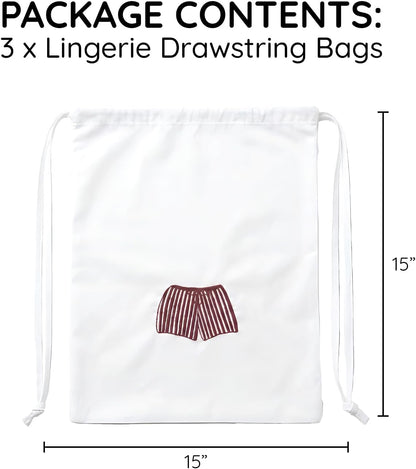 Lingerie Bag for Travel Set of 3, Women Lingerie Bags with Draw Strings, Double-Layered Egyptian Cotton Beach Bags for Swimwear, Underwear & Vacation Storage, 15x15 Inches (White)