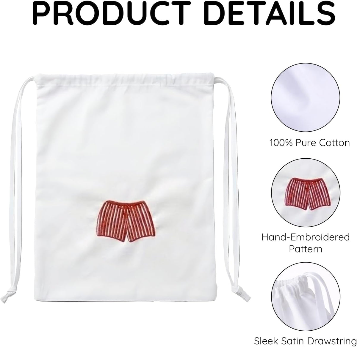 Lingerie Bag for Travel Set of 3, Women Lingerie Bags with Draw Strings, Double-Layered Egyptian Cotton Beach Bags for Swimwear, Underwear & Vacation Storage, 15x15 Inches (White)
