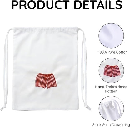 Lingerie Bag for Travel Set of 3, Women Lingerie Bags with Draw Strings, Double-Layered Egyptian Cotton Beach Bags for Swimwear, Underwear & Vacation Storage, 15x15 Inches (White)