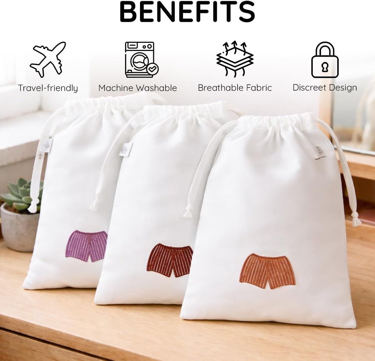 Lingerie Bag for Travel Set of 3, Women Lingerie Bags with Draw Strings, Double-Layered Egyptian Cotton Beach Bags for Swimwear, Underwear & Vacation Storage, 15x15 Inches (White)