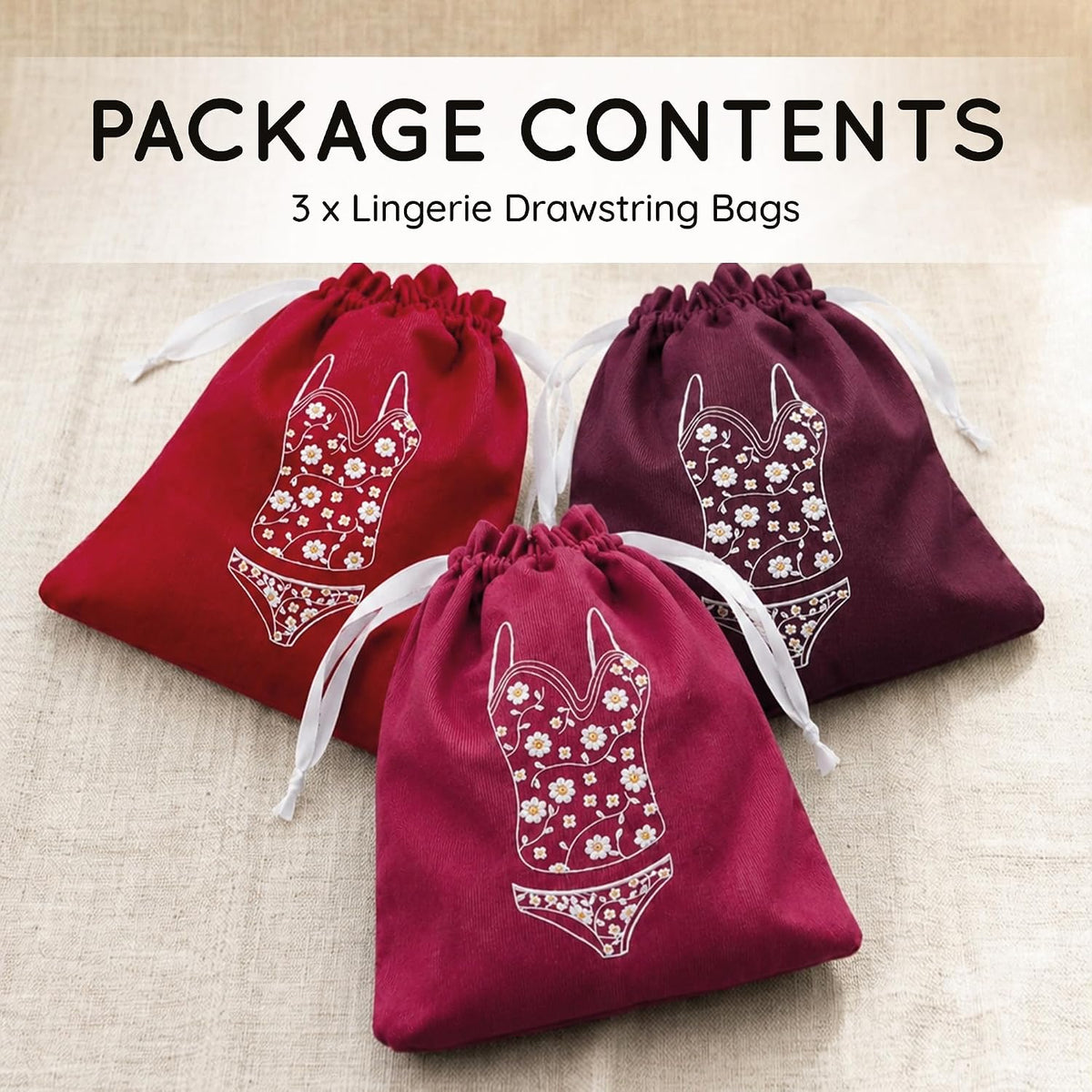 Lingerie Bag for Travel Set of 3, Women Lingerie Bags with Draw Strings, Double-Layered Egyptian Cotton Beach Bags for Swimwear, Underwear & Vacation Storage, 15x15 Inches (White)