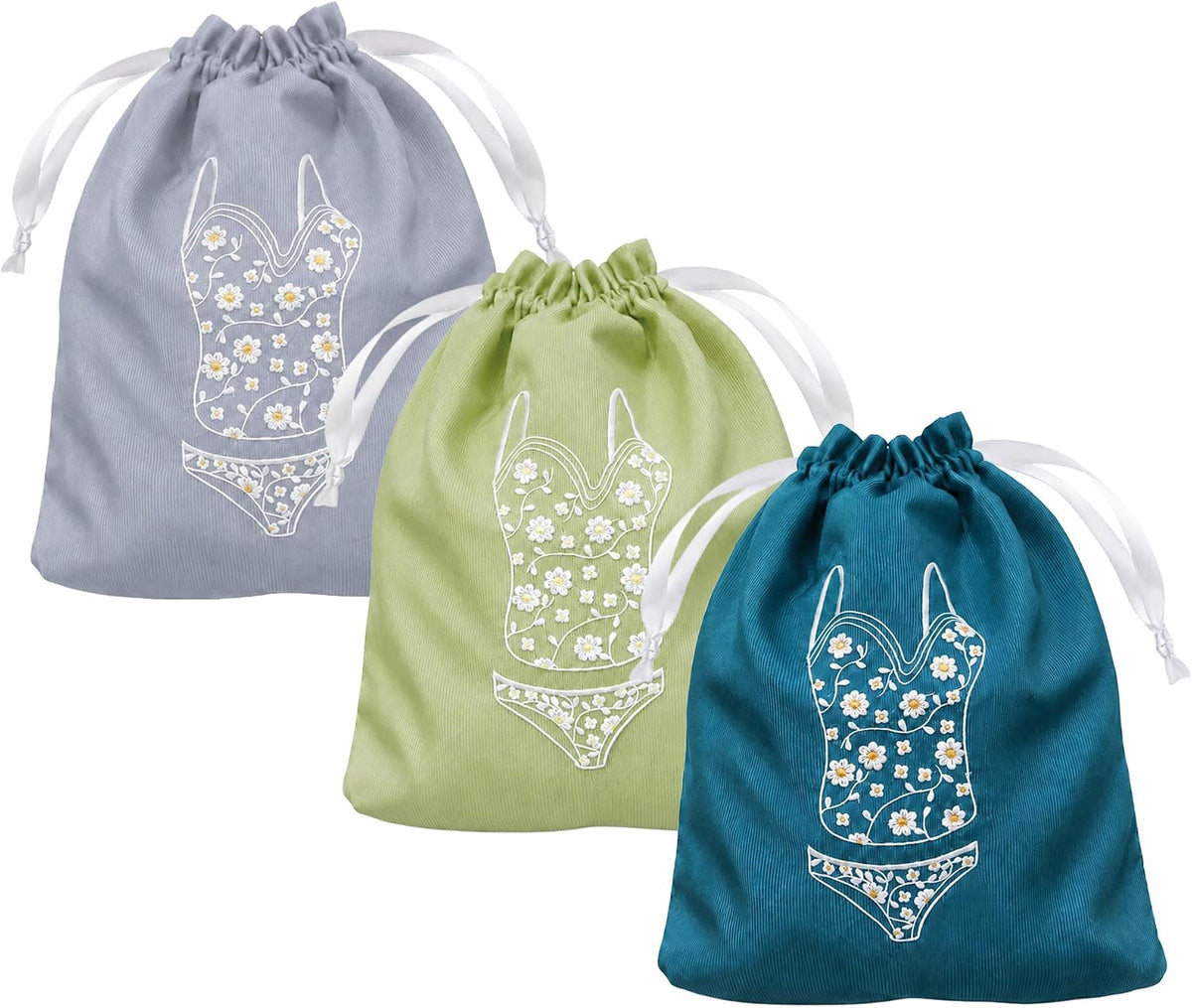 Lingerie Bag for Travel Set of 3, Women Lingerie Bags with Draw Strings, Double-Layered Egyptian Cotton Beach Bags for Swimwear, Underwear & Vacation Storage, 15x15 Inches (White)