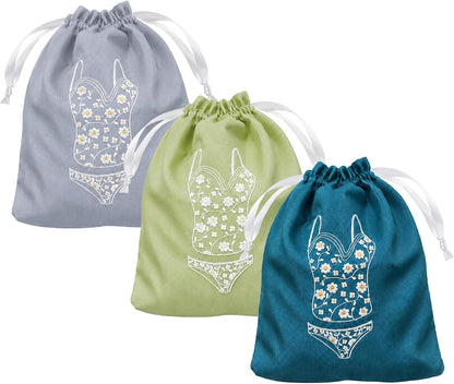 Lingerie Bag for Travel Set of 3, Women Lingerie Bags with Draw Strings, Double-Layered Egyptian Cotton Beach Bags for Swimwear, Underwear & Vacation Storage, 15x15 Inches (White)