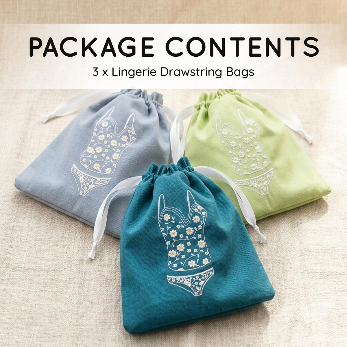 Lingerie Bag for Travel Set of 3, Women Lingerie Bags with Draw Strings, Double-Layered Egyptian Cotton Beach Bags for Swimwear, Underwear & Vacation Storage, 15x15 Inches (White)