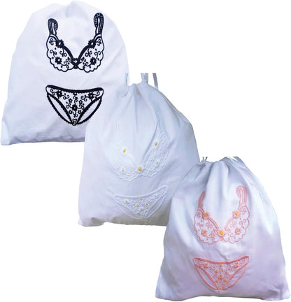 Lingerie Bag for Travel Set of 3, Women Lingerie Bags with Draw Strings, Double-Layered Egyptian Cotton Beach Bags for Swimwear, Underwear & Vacation Storage, 15x15 Inches (White)