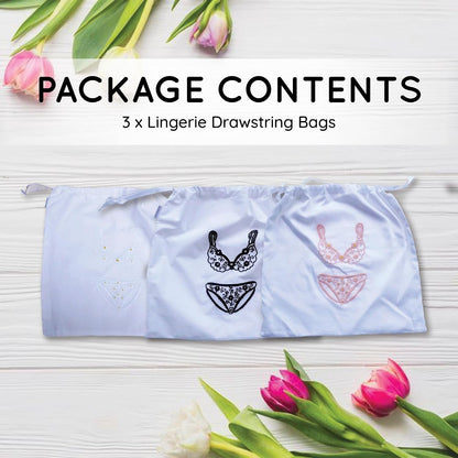 Lingerie Bag for Travel Set of 3, Women Lingerie Bags with Draw Strings, Double-Layered Egyptian Cotton Beach Bags for Swimwear, Underwear & Vacation Storage, 15x15 Inches (White)