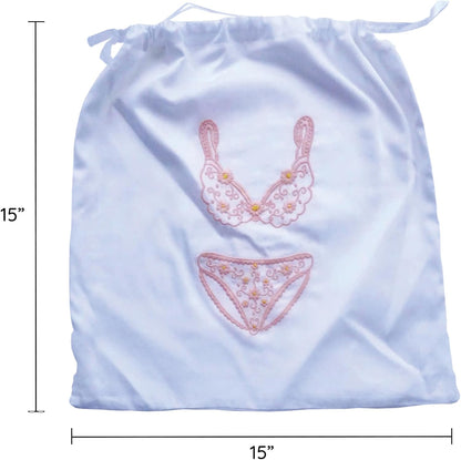 Lingerie Bag for Travel Set of 3, Women Lingerie Bags with Draw Strings, Double-Layered Egyptian Cotton Beach Bags for Swimwear, Underwear & Vacation Storage, 15x15 Inches (White)