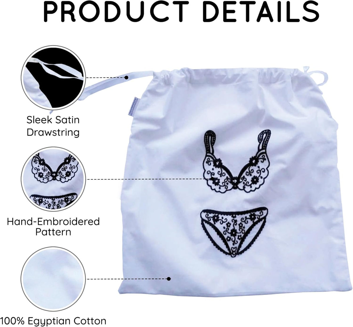 Lingerie Bag for Travel Set of 3, Women Lingerie Bags with Draw Strings, Double-Layered Egyptian Cotton Beach Bags for Swimwear, Underwear & Vacation Storage, 15x15 Inches (White)