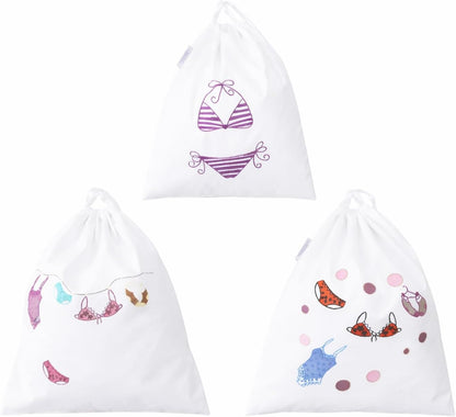 Lingerie Bag for Travel Set of 3, Women Lingerie Bags with Draw Strings, Double-Layered Egyptian Cotton Beach Bags for Swimwear, Underwear & Vacation Storage, 15x15 Inches (White)