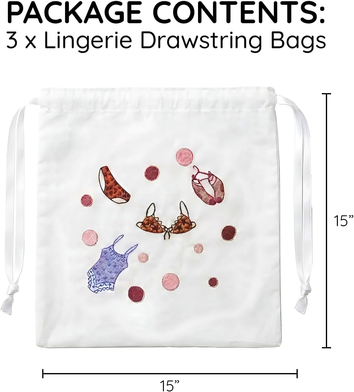 Lingerie Bag for Travel Set of 3, Women Lingerie Bags with Draw Strings, Double-Layered Egyptian Cotton Beach Bags for Swimwear, Underwear & Vacation Storage, 15x15 Inches (White)