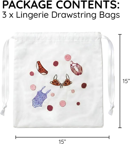 Lingerie Bag for Travel Set of 3, Women Lingerie Bags with Draw Strings, Double-Layered Egyptian Cotton Beach Bags for Swimwear, Underwear & Vacation Storage, 15x15 Inches (White)